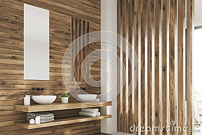 Wooden bathroom, two sinks, poster side Stock Photo