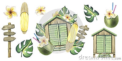 Wooden beach cabin with surfboard, tropical monstera leaves, frangipani flowers, road sign and cocktail in coconut Cartoon Illustration