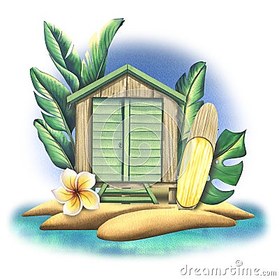 Wooden beach house, garage with surfboard on a tropical island among palm trees against the sky and sea. Watercolor Cartoon Illustration