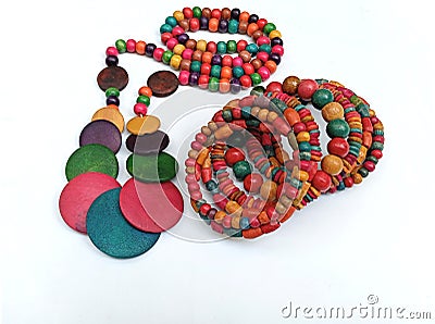 Wooden colourful ethnic beads ethnic jewelry handicraft. Stock Photo
