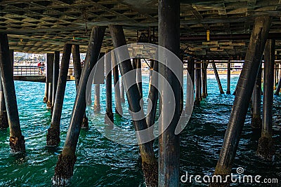 Wooden beams support under the pier of Santa Monica pier Editorial Stock Photo