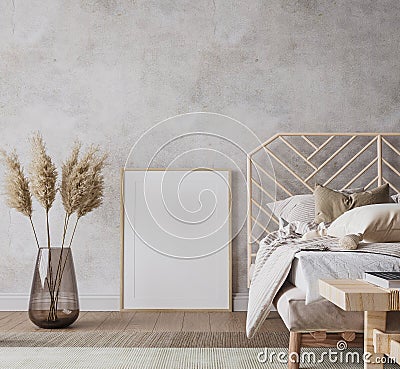 Wooden bedroom design with frame mockup in loft apartment interior, Stock Photo