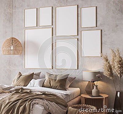 Wooden bedroom design with gallery wall frame mockup in loft apartment interior Stock Photo