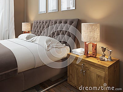 Wooden bedside tables with expressive textures in a modern bedroom. Stock Photo