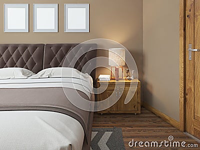 Wooden bedside tables with expressive textures in a modern bedroom. Stock Photo