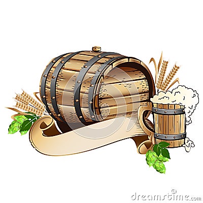 Wooden beer barrel and mug of beer Vector Illustration