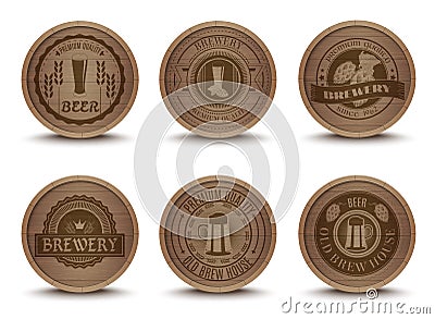 Wooden beer emblems mats icons set Vector Illustration