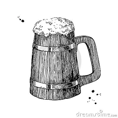 Wooden beer mug sketch style illustration. Hand drawn iso Vector Illustration