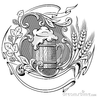 Wooden beer mug with a wreath of hops and ears of wheat ancient Vector Illustration