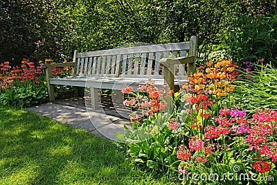 Wooden bench and bright blooming flowers Stock Photo