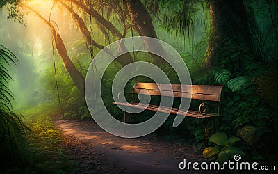 Wooden bench and mystic evening in rainforest with shining light. Generative Al Illustration Stock Photo