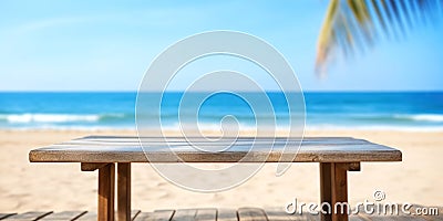 Wooden bench on tropical beach. Sand and blue sky with palm leaf. Summer rest background. Created with generative Ai Stock Photo