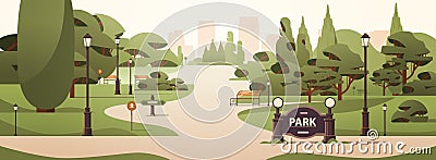 wooden benches and green trees in public summer city park horizontal Vector Illustration