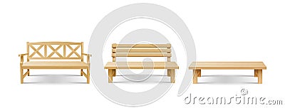 Wooden benches set for park or garden. Realistic outdoor furniture for seat for comfortable rest Vector Illustration