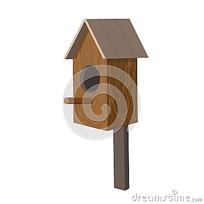 Wooden birdhouse isolated on white background. beautiful starling house in cartoon style. realistic nesting box for Vector Illustration