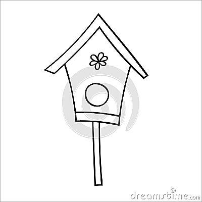 Wooden birdhouse on a stick for birds. Vector illustration in Doodle style. Isolated object on a white background. Vector Illustration