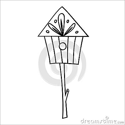 Wooden birdhouse on a stick for birds. Vector illustration in Doodle style. Isolated object on a white background. Vector Illustration