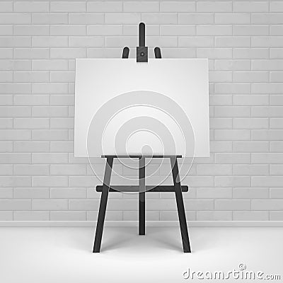 Wooden Black Easel with Mock Up Empty Blank Horizontal Canvas Standing on Floor in front of Brick Wall Vector Illustration