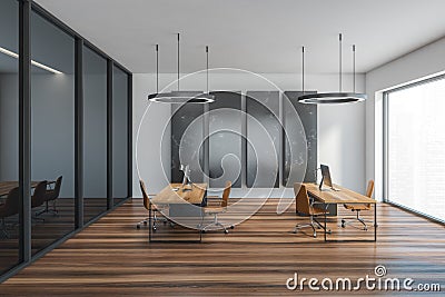 Wooden black office room with chairs and computer on parquet floor Stock Photo