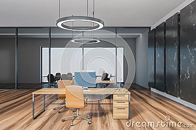 Wooden black office room with chairs and computers on parquet floor Stock Photo