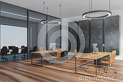 Wooden black office room with chairs and computers on parquet floor Stock Photo