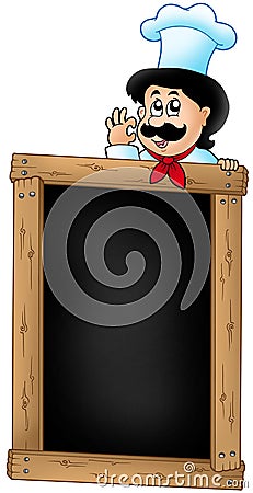Wooden blackboard with cartoon chef Cartoon Illustration