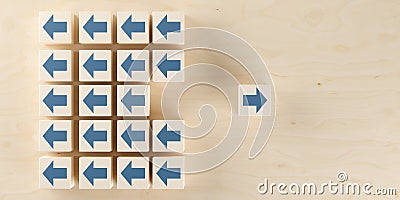 Wooden block with arrow facing the opposite direction of group of arrows, uniqueness, thinking different, individual or standing Cartoon Illustration