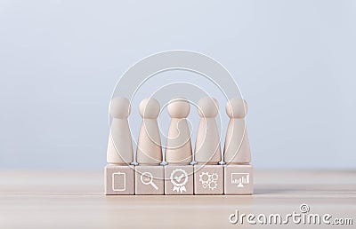 Wooden block people showing Best quality check mark digital technology icon symbol. assurance service concept, product Stock Photo