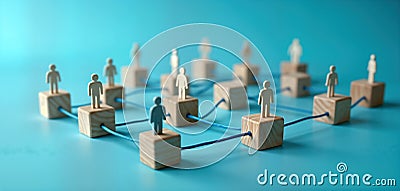 Wooden blocks form network. Small wooden figures represent people. Blue strings connect blocks. Image shows teamwork, Stock Photo