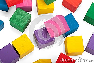 Wooden blocks, stack of colorful cubes, childrens toy isolated Stock Photo