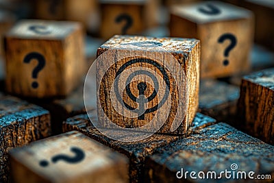 Wooden blocks with symbols create an intriguing visual, showcasing mix of designs and textures. focus on central block Stock Photo