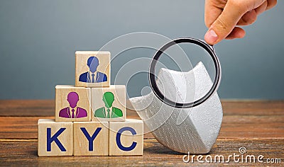 Wooden blocks with the word KYC - Know Your Customer / Client. Verify the identity, suitability and risks involved with Stock Photo