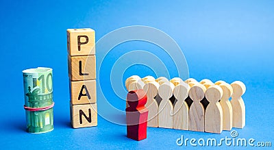 Wooden blocks with the word Plan and a business team standing next to money. Strategy planning. Management business concept. Stock Photo