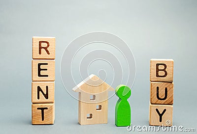Wooden blocks with the word Rent or buy and a person stands near the house. Make the right decision. Real estate concept. Rent Stock Photo