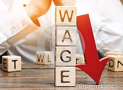 Wooden blocks with the word Wage and red arrow down. Salary reduction. Drop in profits. Financial crisis. Demote. Low profit. Stock Photo