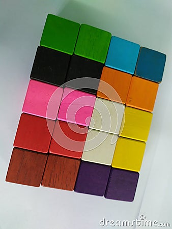 Wooden blog square grid.Sticks to painted colorful to array different levels to create dimensions for decorated on the wall in tha Stock Photo