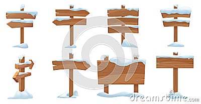 Wooden board and arrow in winter set, blank vintage signage for announcement on road Vector Illustration