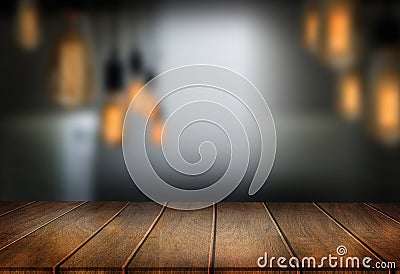 Wooden board empty table cafe, coffee shop, bar blurred backgro Stock Photo