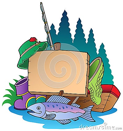 Wooden board with fishing equipment Vector Illustration