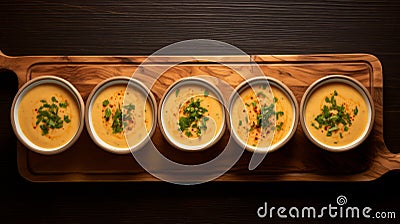 Urban Grittiness: Five Bowls Of Soup On Wooden Tray With Dark Yellow And Gold Style Stock Photo