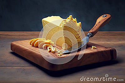 wooden board with knife butter into butter curl Stock Photo