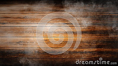 Wooden board planks texture with mystery smoke. background. Design element Stock Photo