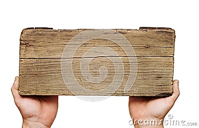 Wooden board sign on hand Stock Photo