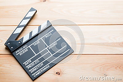 On wooden boards outdoor video clapper Stock Photo