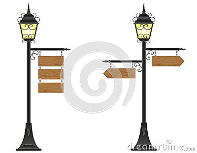 Wooden boards signs hanging on a streetlight Vector Illustration