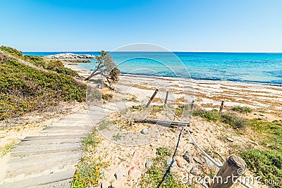 Wooden boardwalk by the beach in Scoglio di Peppino shore Stock Photo