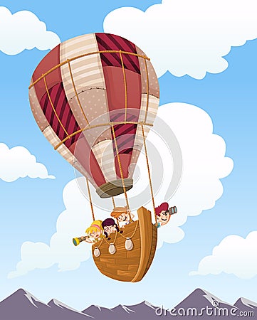 wooden boat on a hot air balloon flying on the sky Vector Illustration