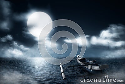 Wooden boat on the misty lake Stock Photo