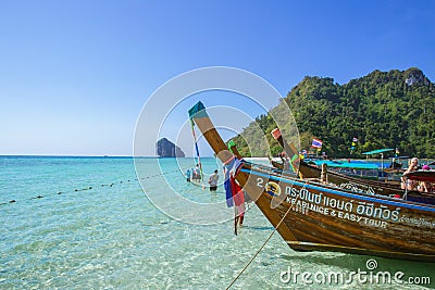 Wooden boat for tourist park at Maya bay in Phiphi island Andaman sea amazing Thailand travel Editorial Stock Photo