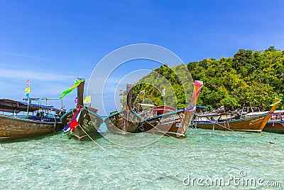 Wooden boat for tourist park at Maya bay in Phiphi island Andaman sea amazing Thailand travel Editorial Stock Photo